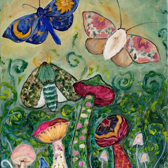 Gypsy Moths Mushrooms Art Print Oil Painting Colorful Whimsical fantasy nature - Picture 7 of 7